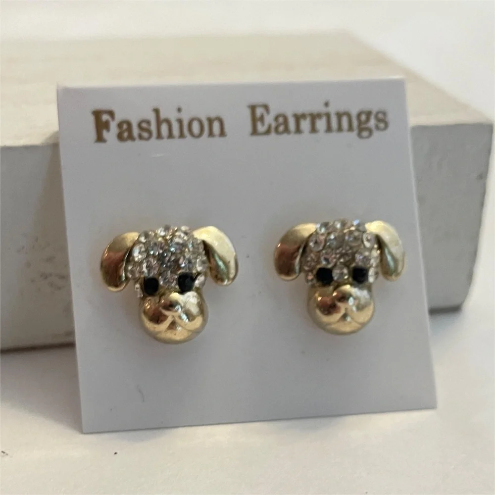 Rhinestone Gold Tone Puppy Dog Earrings